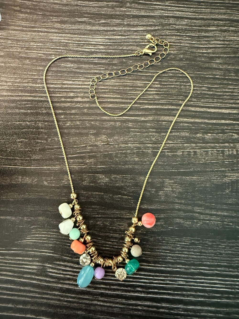MultiColor Stone & Rhinestone Beaded Gold Chain Necklace